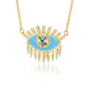 CZ Turquoise Color Rhinestone Evil Greek Eye Blue Stone Spike Dangle Necklace